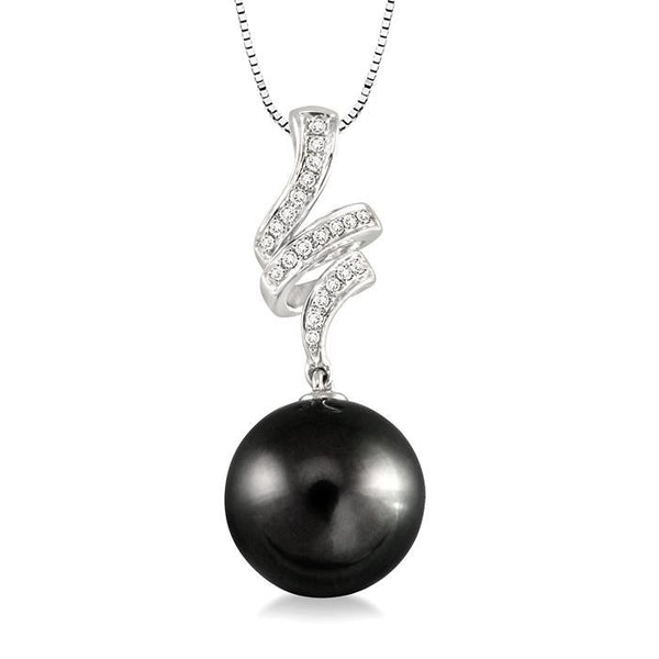 10 MM Black Cultured Pearl and 1/8 Ctw Round Cut Diamond Pendant in 14K White Gold with Chain