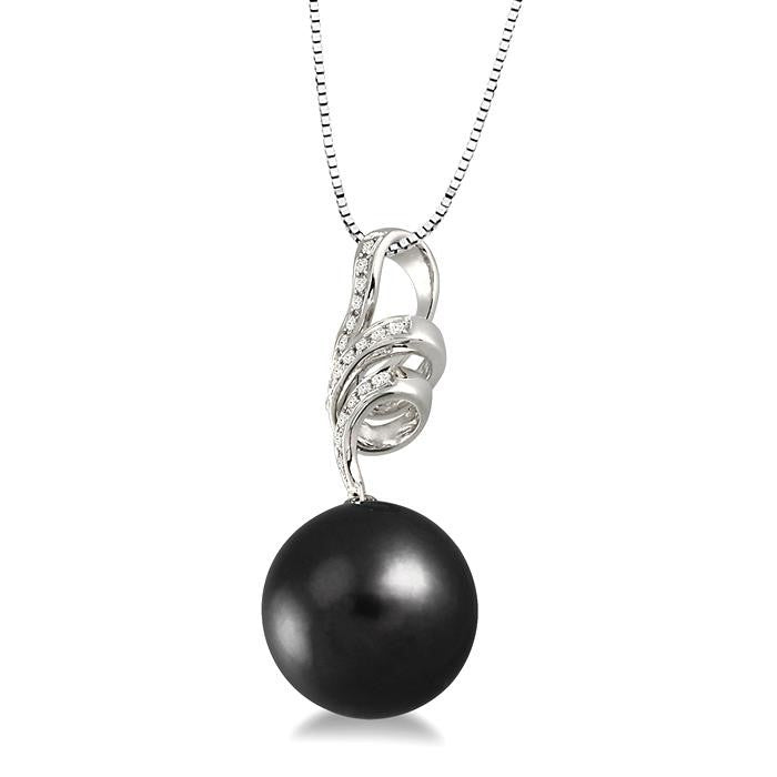 10 MM Black Cultured Pearl and 1/8 Ctw Round Cut Diamond Pendant in 14K White Gold with Chain