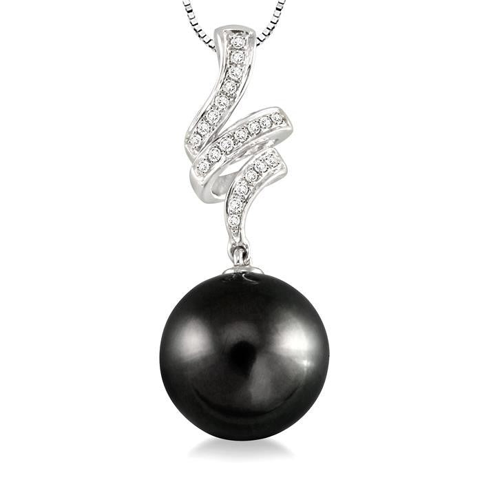 10 MM Black Cultured Pearl and 1/8 Ctw Round Cut Diamond Pendant in 14K White Gold with Chain