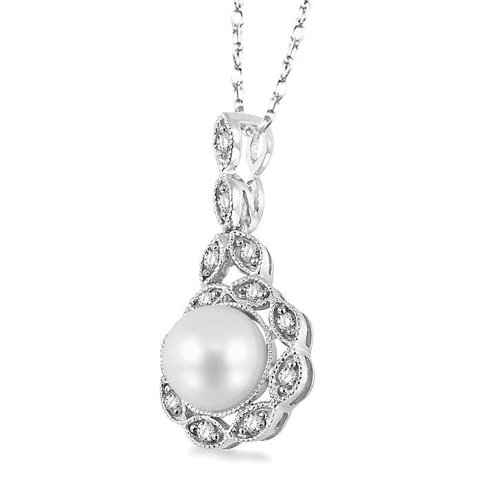 6.5 MM Cultured Pearl and 1/10 Ctw Round Cut Diamond Pendant in 10K White Gold with Chain