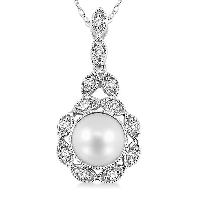 6.5 MM Cultured Pearl and 1/10 Ctw Round Cut Diamond Pendant in 10K White Gold with Chain