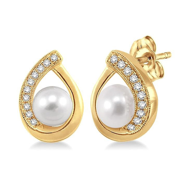 6x6 MM Round Shape Cultured Pearls and 1/10 Ctw Round Cut Diamond Earrings in 10K Yellow Gold