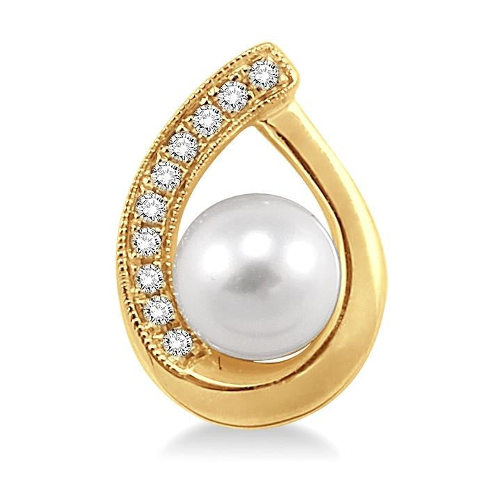 6x6 MM Round Shape Cultured Pearls and 1/10 Ctw Round Cut Diamond Earrings in 10K Yellow Gold