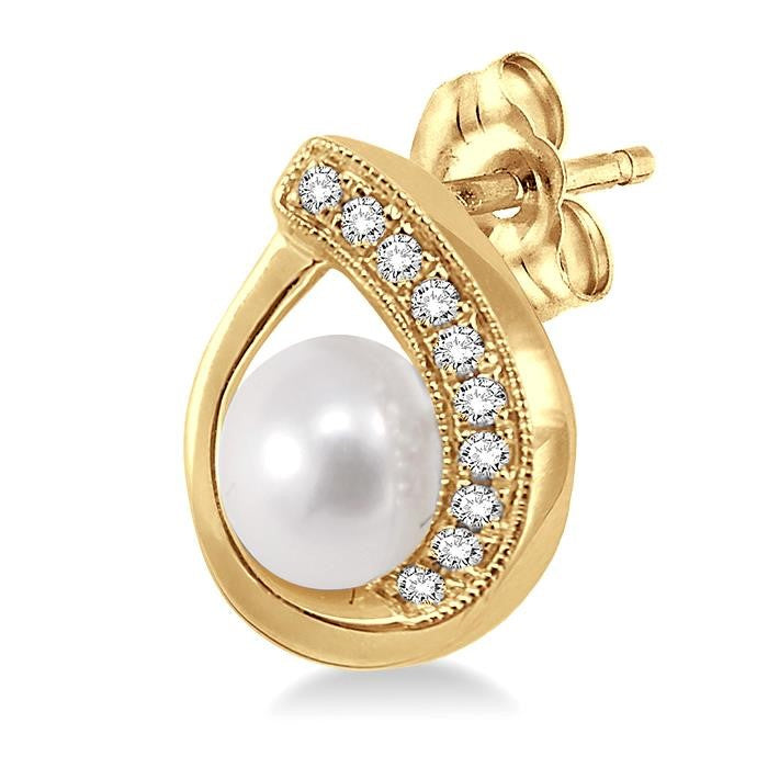 6x6 MM Round Shape Cultured Pearls and 1/10 Ctw Round Cut Diamond Earrings in 10K Yellow Gold