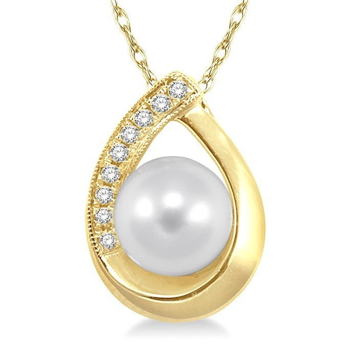 6.5 MM Round Shape Cultured Pearl and 1/20 Ctw Round Cut Diamond Pendant in 10K Yellow Gold with Chain