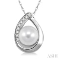 6.5 MM Round Shape Cultured Pearl and 1/20 Ctw Round Cut Diamond Pendant in 14K White Gold with Chain