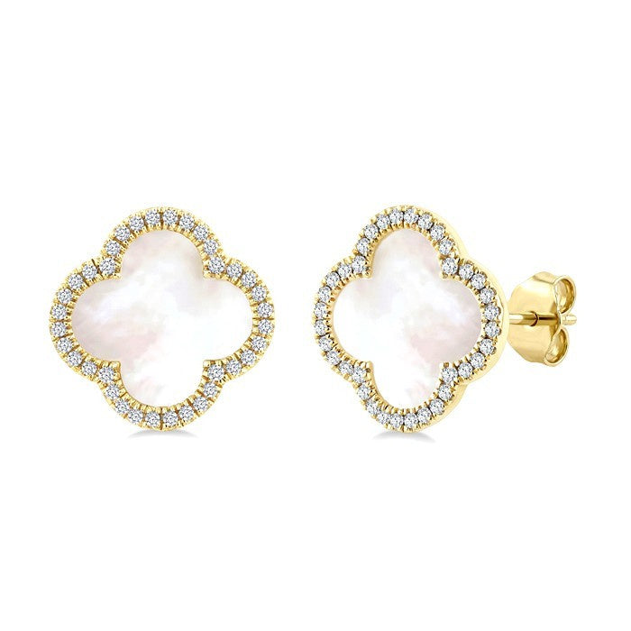 10 MM Mother of Pearl and 3/8 Ctw Round Cut Diamond Clover Petite Halo Earrings in 14K Yellow Gold