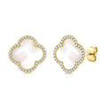 10 MM Mother of Pearl and 3/8 Ctw Round Cut Diamond Clover Petite Halo Earrings in 14K Yellow Gold