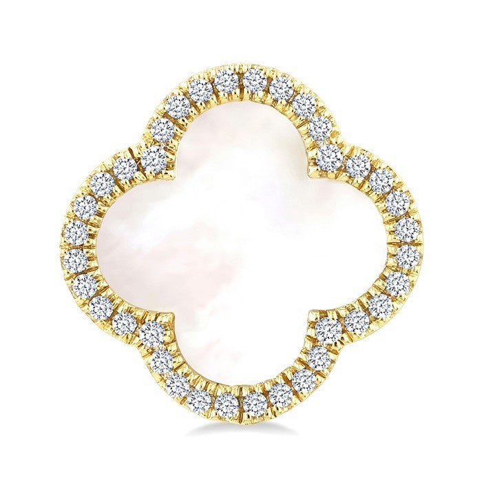 10 MM Mother of Pearl and 3/8 Ctw Round Cut Diamond Clover Petite Halo Earrings in 14K Yellow Gold