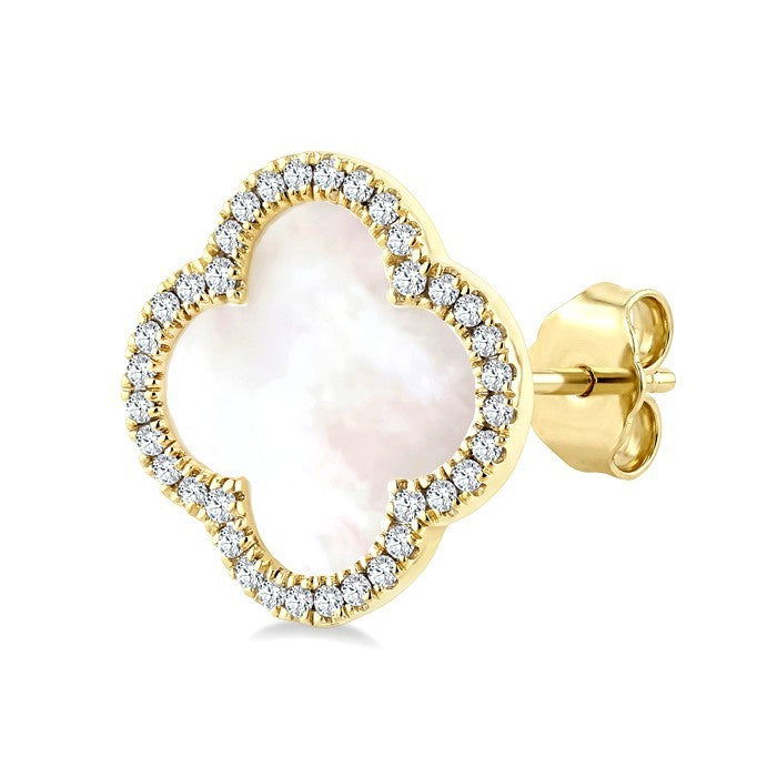 10 MM Mother of Pearl and 3/8 Ctw Round Cut Diamond Clover Petite Halo Earrings in 14K Yellow Gold