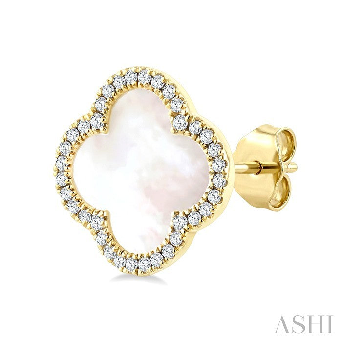 10 MM Mother of Pearl and 3/8 Ctw Round Cut Diamond Clover Petite Halo Earrings in 14K Yellow Gold