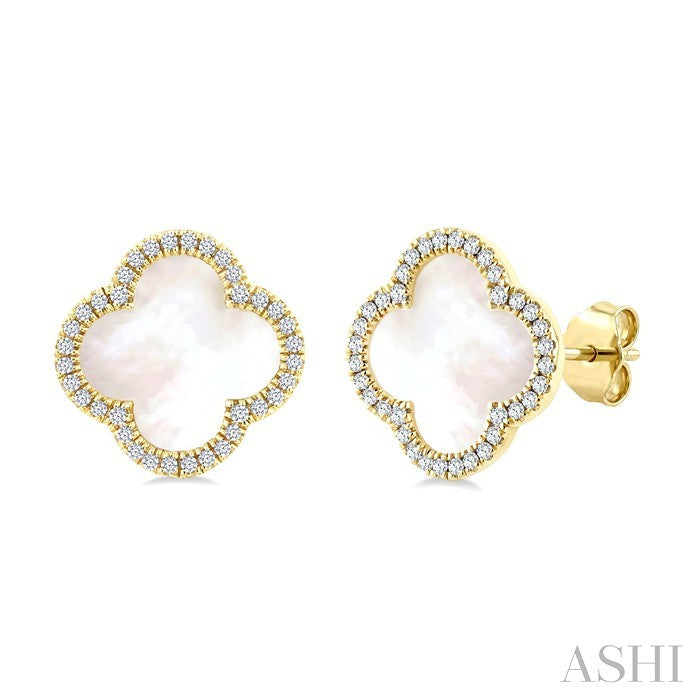 10 MM Mother of Pearl and 3/8 Ctw Round Cut Diamond Clover Petite Halo Earrings in 14K Yellow Gold