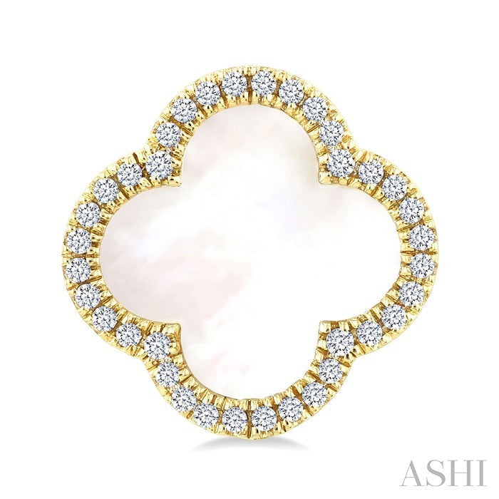 10 MM Mother of Pearl and 3/8 Ctw Round Cut Diamond Clover Petite Halo Earrings in 14K Yellow Gold