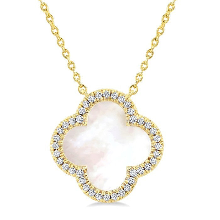 12 MM Mother of Pearl and 1/6 Ctw Round Cut Diamond Clover Halo Pendant With Chain in 14K Yellow Gold
