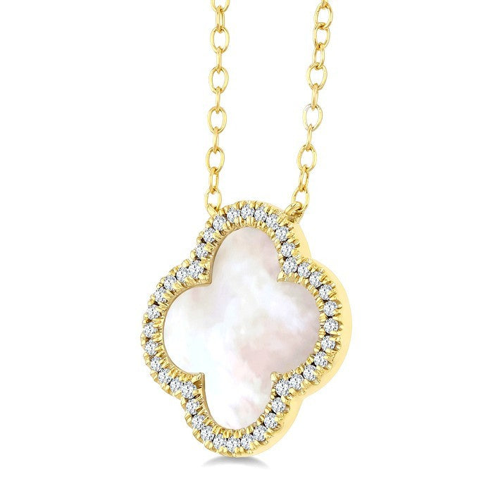12 MM Mother of Pearl and 1/6 Ctw Round Cut Diamond Clover Halo Pendant With Chain in 14K Yellow Gold