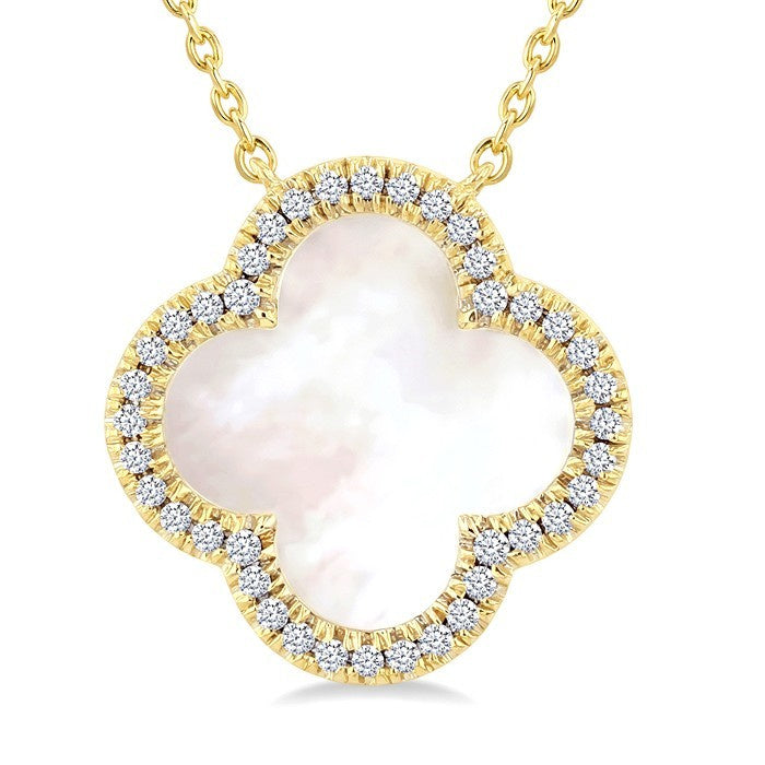 12 MM Mother of Pearl and 1/6 Ctw Round Cut Diamond Clover Halo Pendant With Chain in 14K Yellow Gold