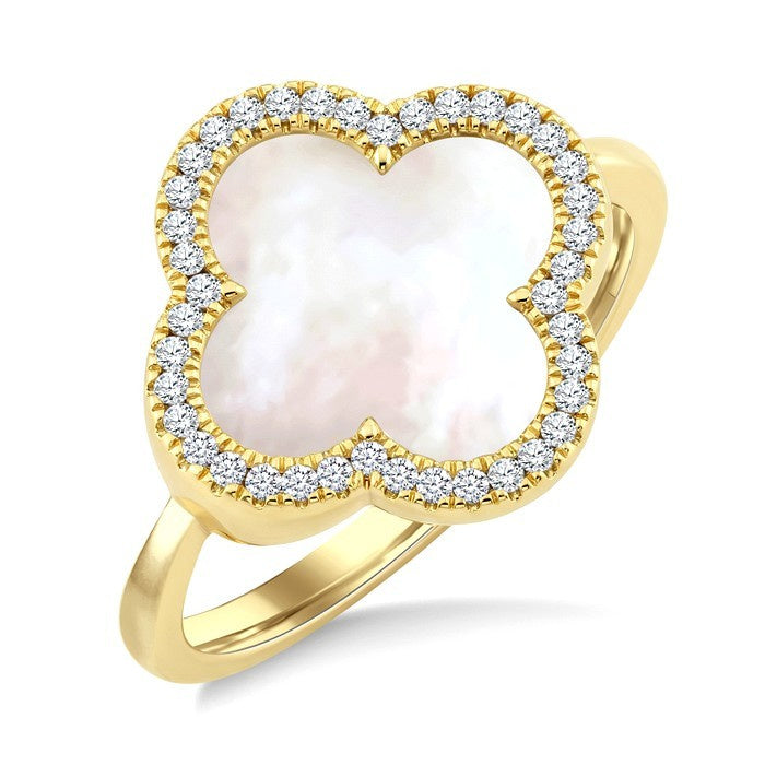 12 MM Mother of Pearl and 1/6 Ctw Round Cut Diamond Clover Halo Ring in 14K Yellow Gold