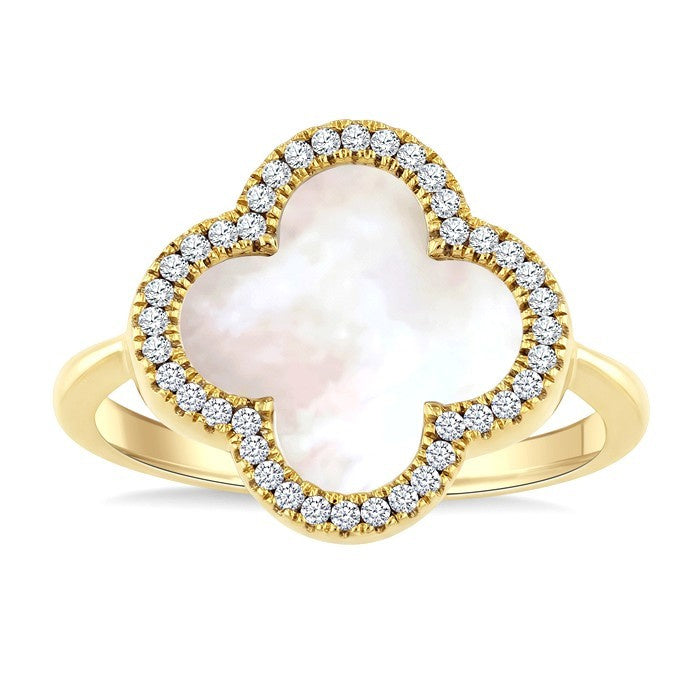 12 MM Mother of Pearl and 1/6 Ctw Round Cut Diamond Clover Halo Ring in 14K Yellow Gold