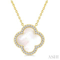 12 MM Mother of Pearl and 1/6 Ctw Round Cut Diamond Clover Halo Pendant With Chain in 14K Yellow Gold