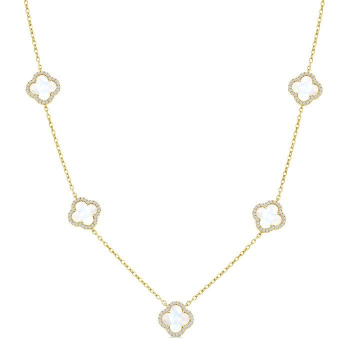 8 MM Mother of Pearl and 5/8 Ctw Round Cut Diamond Clover Halo Station Necklace in 14K Yellow Gold