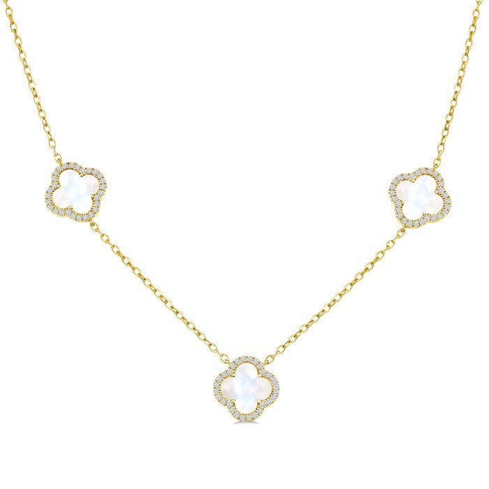 8 MM Mother of Pearl and 5/8 Ctw Round Cut Diamond Clover Halo Station Necklace in 14K Yellow Gold