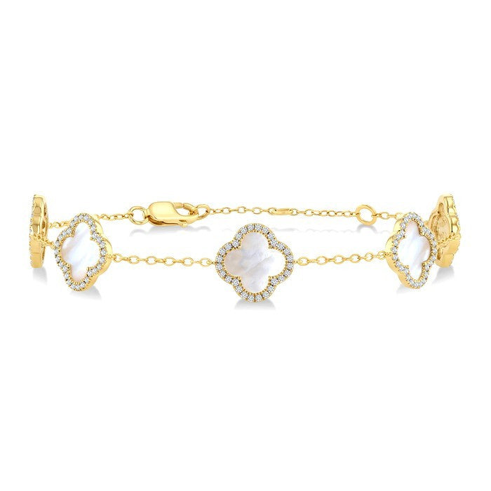 8 MM Mother of Pearl and 1/2 Ctw Round Cut Diamond Clover Halo Station Bracelet in 14K Yellow Gold
