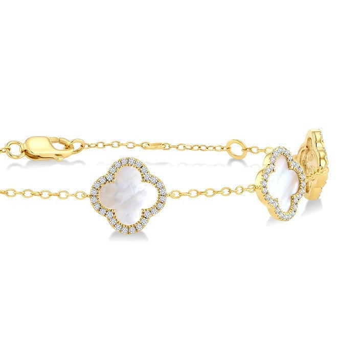 8 MM Mother of Pearl and 1/2 Ctw Round Cut Diamond Clover Halo Station Bracelet in 14K Yellow Gold