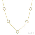 8 MM Mother of Pearl and 5/8 Ctw Round Cut Diamond Clover Halo Station Necklace in 14K Yellow Gold