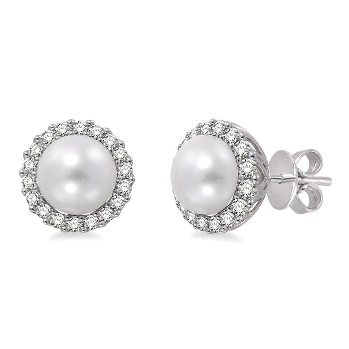 8 MM Cultured Pearls and 1/3 Ctw Round Cut Diamond Earrings in 14K White Gold