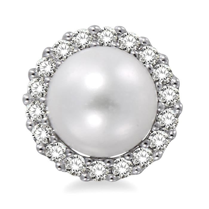 8 MM Cultured Pearls and 1/3 Ctw Round Cut Diamond Earrings in 14K White Gold