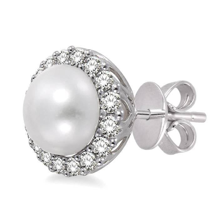 8 MM Cultured Pearls and 1/3 Ctw Round Cut Diamond Earrings in 14K White Gold