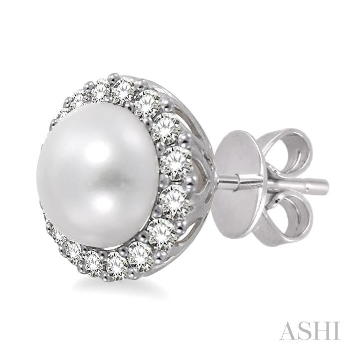 8 MM Cultured Pearls and 1/3 Ctw Round Cut Diamond Earrings in 14K White Gold