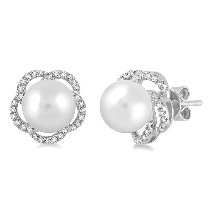 7 MM Cultured Pearls and 1/5 Ctw Round Cut Diamond Earrings in 14K White Gold