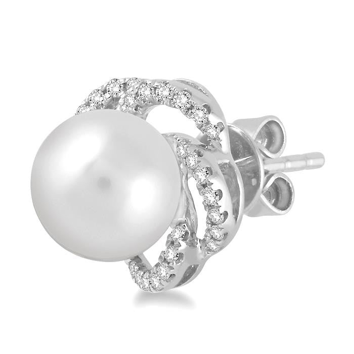 7 MM Cultured Pearls and 1/5 Ctw Round Cut Diamond Earrings in 14K White Gold
