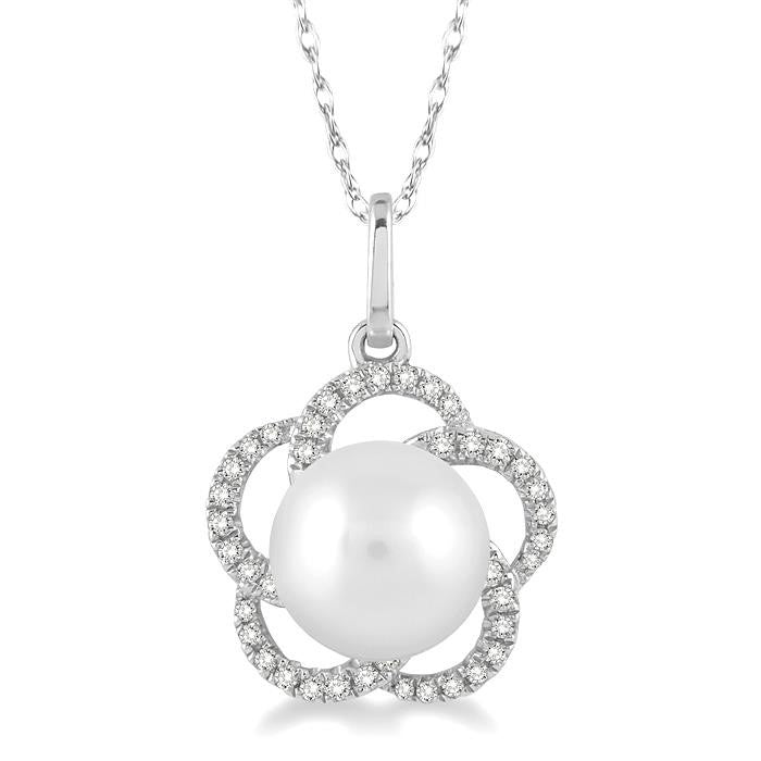 7 MM Cultured Pearl and 1/8 Ctw Round Cut Diamond Pendant in 14K White Gold with Chain