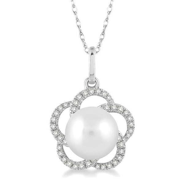 7 MM Cultured Pearl and 1/8 Ctw Round Cut Diamond Pendant in 14K White Gold with Chain