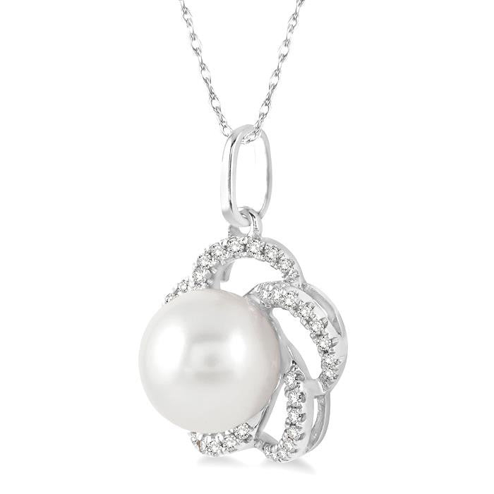 7 MM Cultured Pearl and 1/8 Ctw Round Cut Diamond Pendant in 14K White Gold with Chain