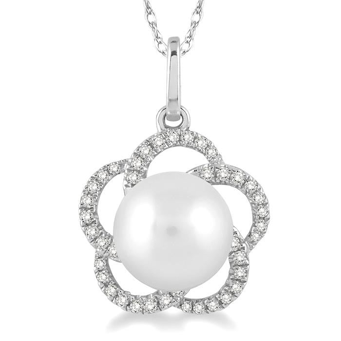 7 MM Cultured Pearl and 1/8 Ctw Round Cut Diamond Pendant in 14K White Gold with Chain