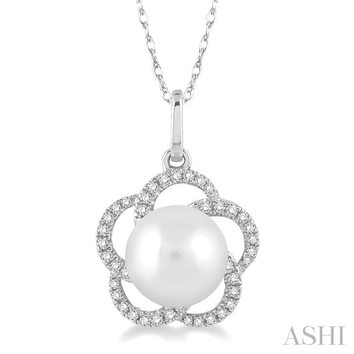 7 MM Cultured Pearl and 1/8 Ctw Round Cut Diamond Pendant in 14K White Gold with Chain