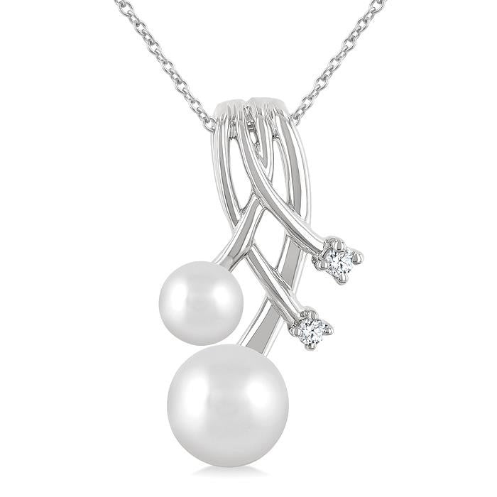 7-5 MM Cultured Pearl and 1/20 Ctw Round Cut Diamond Fashion Pendant With Chain in 10K White Gold