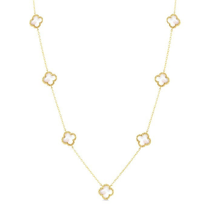 8 MM Mother of Pearl Bead Clover Halo Station Necklace in 14K Yellow Gold
