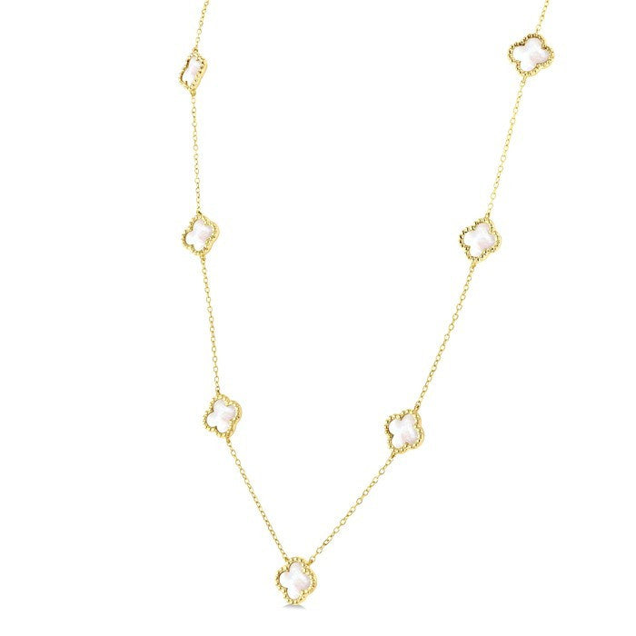 8 MM Mother of Pearl Bead Clover Halo Station Necklace in 14K Yellow Gold