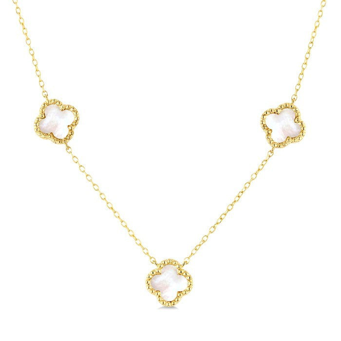 8 MM Mother of Pearl Bead Clover Halo Station Necklace in 14K Yellow Gold