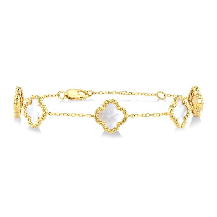 8 MM Mother of Pearl Bead Clover Halo Station Bracelet in 14K Yellow Gold