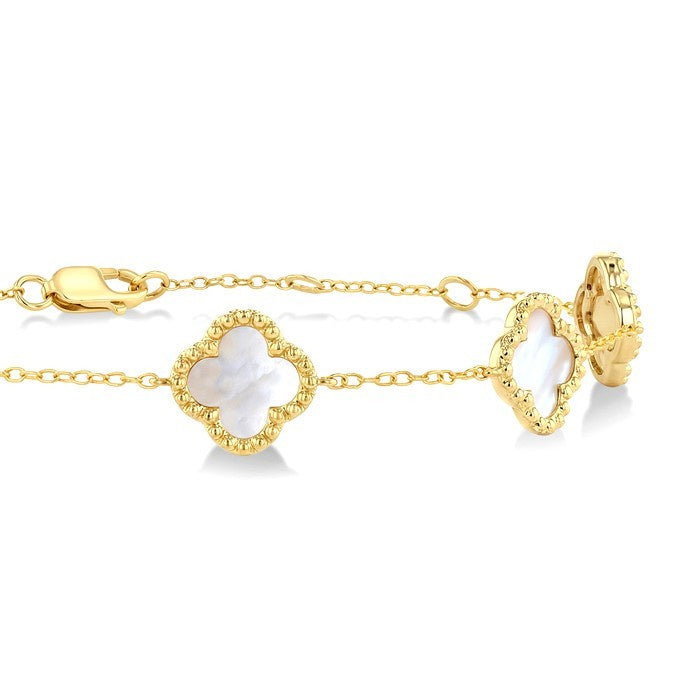 8 MM Mother of Pearl Bead Clover Halo Station Bracelet in 14K Yellow Gold