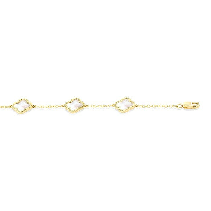 8 MM Mother of Pearl Bead Clover Halo Station Bracelet in 14K Yellow Gold