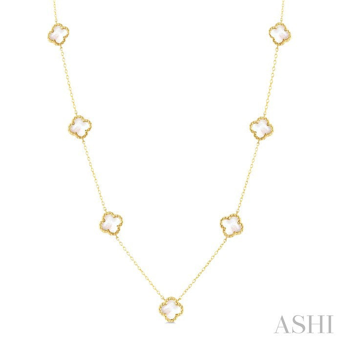 8 MM Mother of Pearl Bead Clover Halo Station Necklace in 14K Yellow Gold