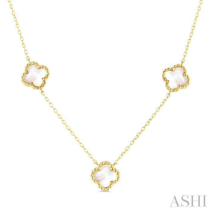 8 MM Mother of Pearl Bead Clover Halo Station Necklace in 14K Yellow Gold