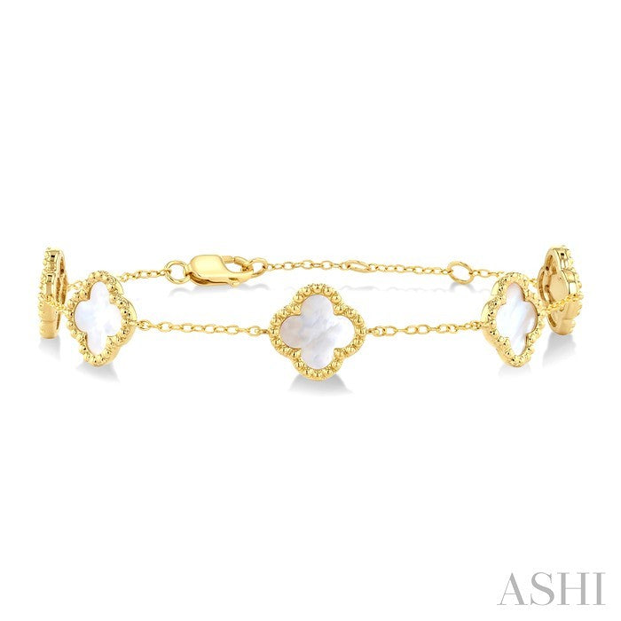 8 MM Mother of Pearl Bead Clover Halo Station Bracelet in 14K Yellow Gold