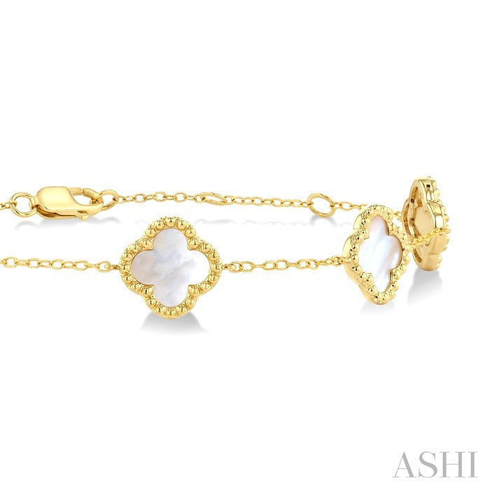 8 MM Mother of Pearl Bead Clover Halo Station Bracelet in 14K Yellow Gold